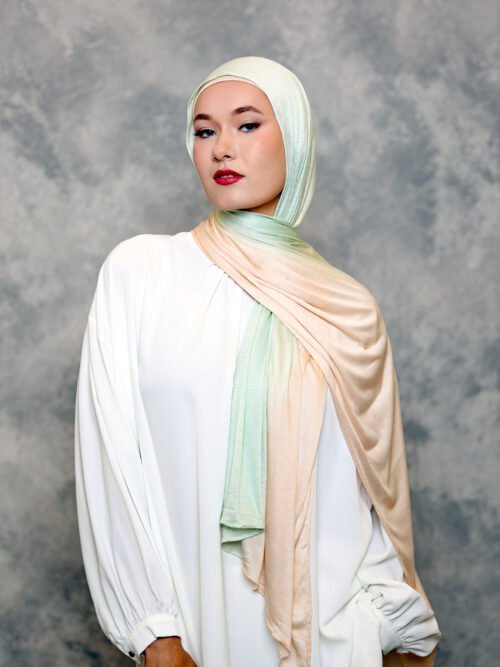 Pastel ombre hijab in mint green and peach – soft lightweight scarf for modest fashion.