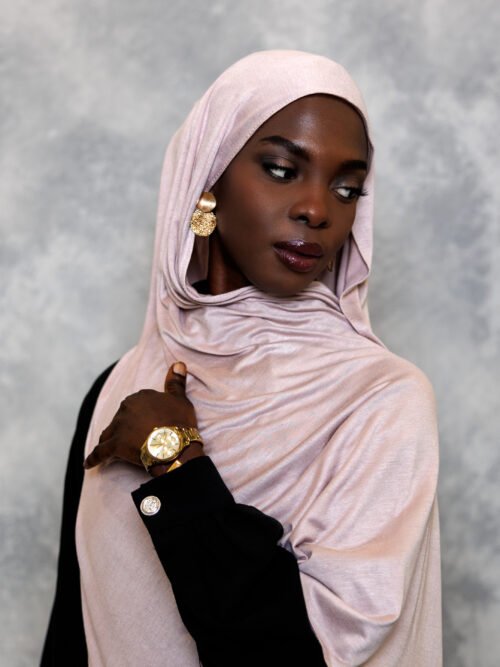 Elegant champagne glow hijab with a silky shimmer finish.