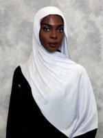 Elegant snow-white hijab styled gracefully with a smooth drape.